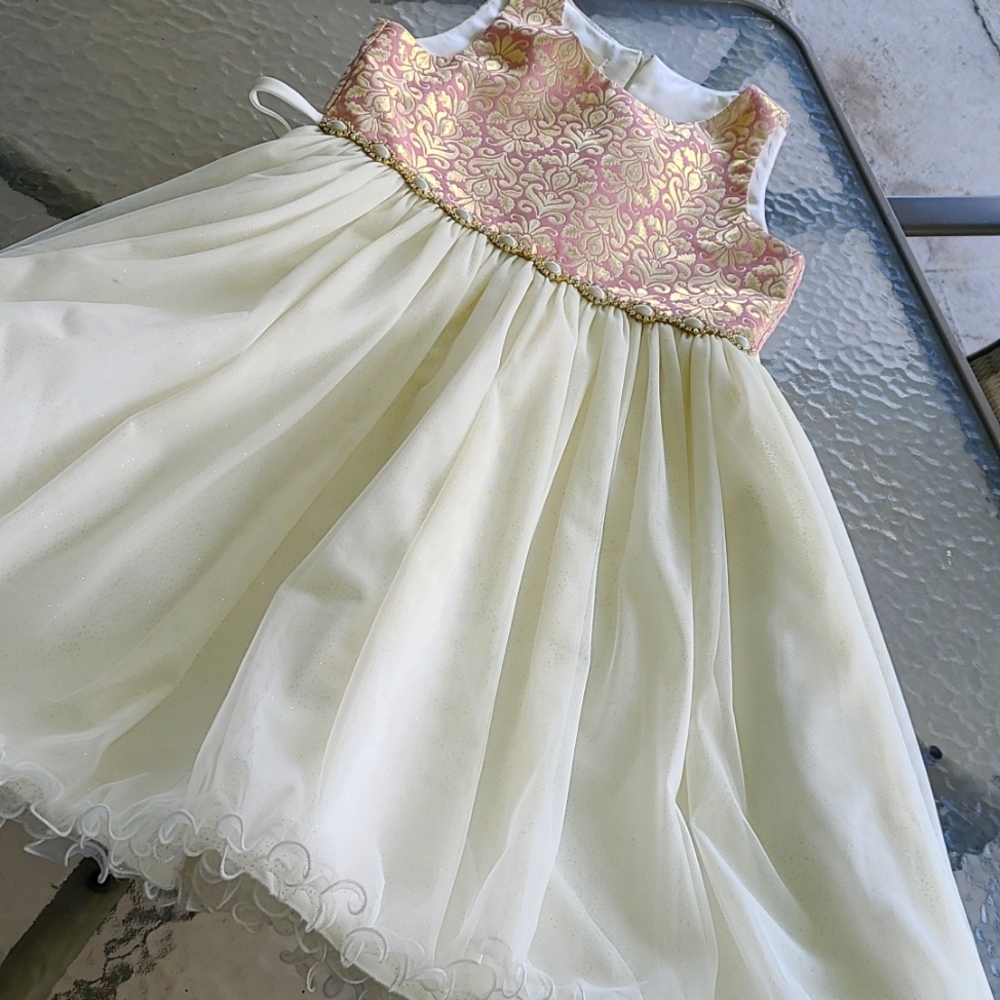 Girls Light Pink Cream Dress With Gold pattern